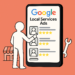 Illustration of Google Local Services Ads on a mobile screen with contractor ratings and reviews