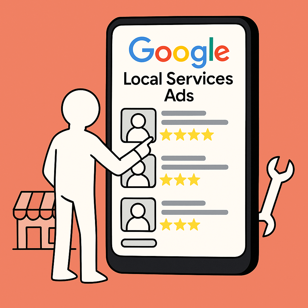 Google Local Services Ads interface showing contractor reviews and star ratings – Thomas Town Digital Illustration of Google Local Services Ads on a mobile screen with contractor ratings and reviews